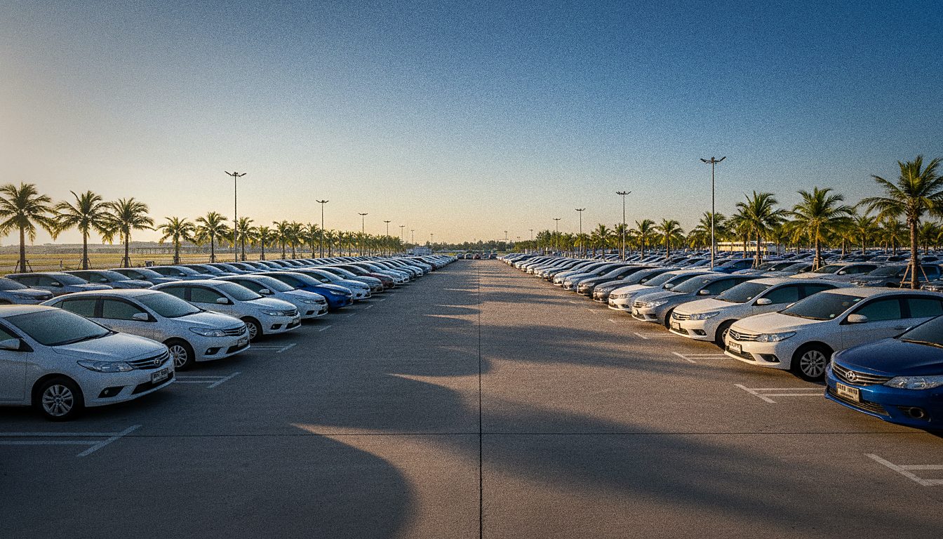 Premium rental car parked near an island airport terminal